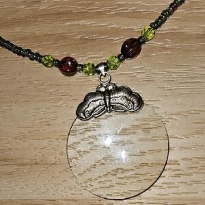 Butterfly Pendant Necklace with Green and Silver Beads